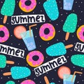 Summer seamless pattern with cartoon ice cream, cocktail, donuts, hand drawing lettering, decor elements on a neutral background. Royalty Free Stock Photo